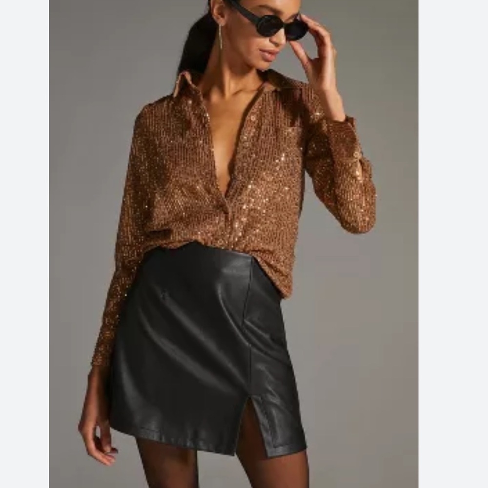 Anthropologie Sequin Button Down Shirt Gold Size XXS
